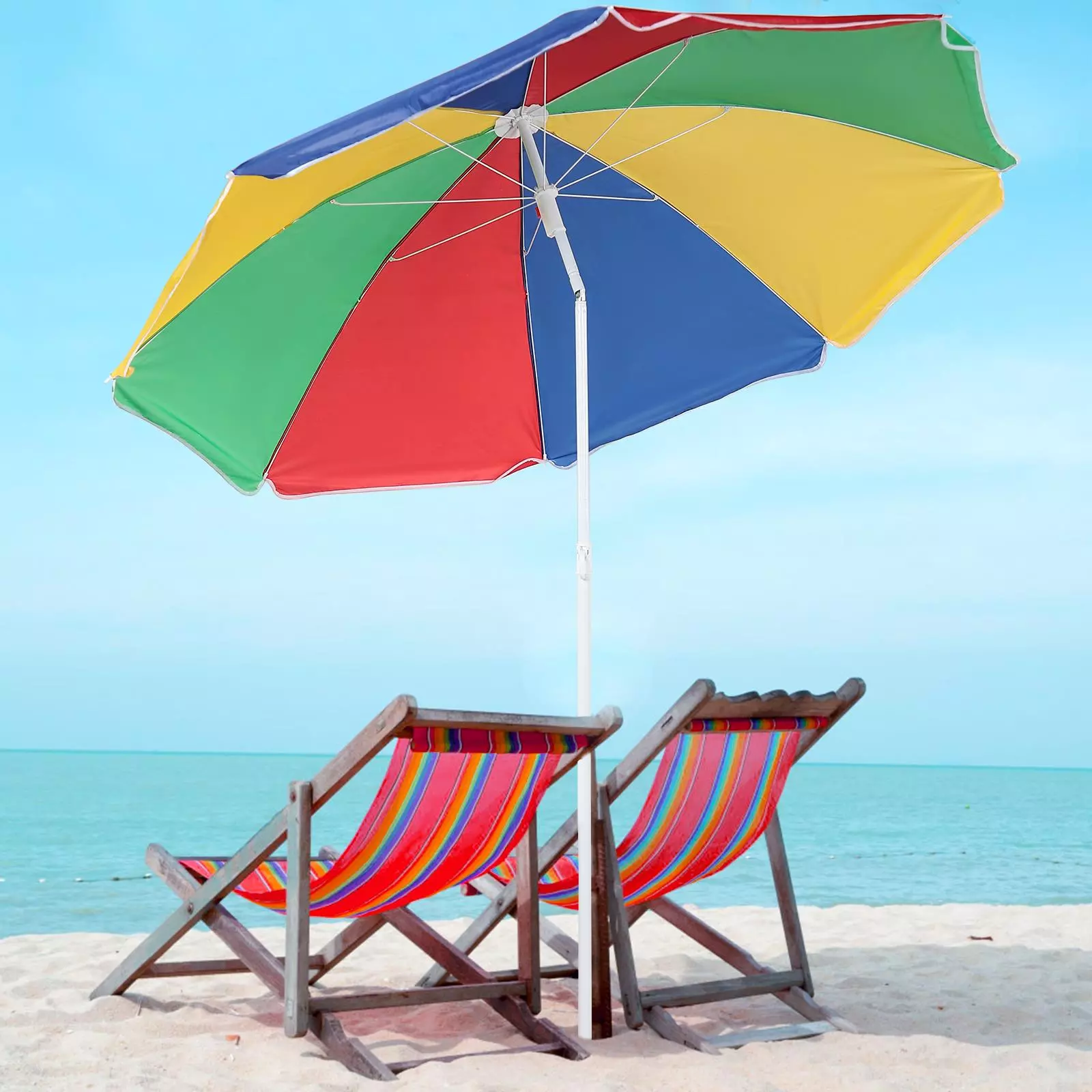 Многоцветен плажен чадър с чупещо рамо