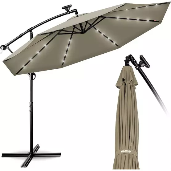  Висящ градински чадър с LED светлини - Таупе