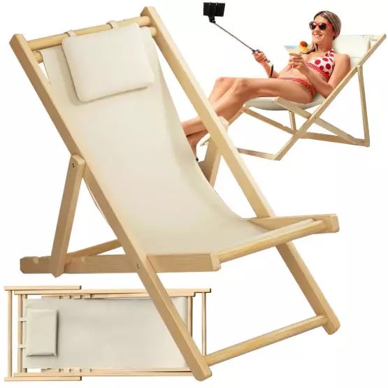 Дървен сгъваем плажен стол с възглавница