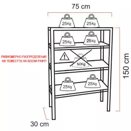Стелаж 150 x75x 30 см, 4х50 кг, болтов монтаж