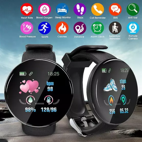  Смарт Часовник D18, Android, iOS/ Android, Bluetooth-Свързаност, Водоустойчив, Кръвно, Пулс