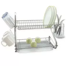 Кухненски сушилник за съдове на две нива с отделения за прибори и чаши, висококачествен хром Кухненски сушилник за съдове на две нива с отделения за прибори и чаши, висококачествен хром