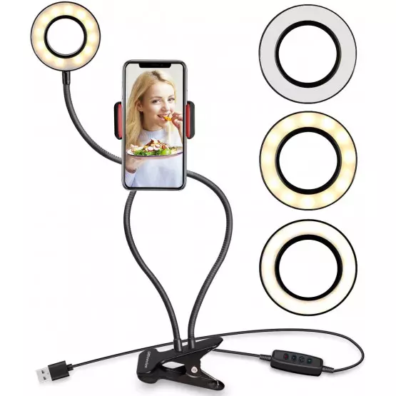 LED ринг лампа с гъвкаво рамо и стойка за телефон